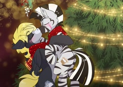 Size: 3507x2481 | Tagged: safe, artist:arctic-fox, imported from derpibooru, oc, oc only, oc:crashing thunder, oc:lost way, pegasus, pony, zebra, christmas, high res, holiday, kissing, zebra oc