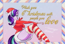 Size: 1423x965 | Tagged: safe, artist:traupa, imported from derpibooru, part of a set, starlight glimmer, anthro, unicorn, adorasexy, anime, anime style, ass, big breasts, breasts, busty starlight glimmer, butt, christmas, clothes, costume, cute, evening gloves, female, food, gloves, hat, holiday, long gloves, one eye closed, postcard, santa costume, santa hat, sexy, socks, solo, stockings, striped socks, sugar cane, thigh highs, wink