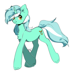 Size: 1058x1086 | Tagged: safe, artist:pledus, imported from derpibooru, lyra heartstrings, pony, unicorn, chest fluff, eye clipping through hair, female, full body, horn, mare, simple background, smiling, solo, tail, two toned mane, two toned tail, walking, white background
