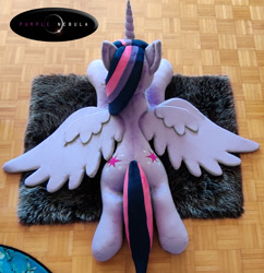 Size: 1280x1325 | Tagged: safe, artist:purplenebulastudios, imported from derpibooru, twilight sparkle, alicorn, pony, both cutie marks, irl, lying down, photo, plushie, prone, solo, twilight sparkle (alicorn)