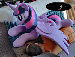 Size: 1280x975 | Tagged: safe, artist:purplenebulastudios, imported from derpibooru, twilight sparkle, alicorn, human, pony, irl, irl human, life size, photo, plushie, twilight sparkle (alicorn)