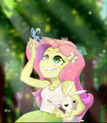 Size: 720x824 | Tagged: safe, artist:0barproart, imported from derpibooru, angel bunny, fluttershy, butterfly, rabbit, equestria girls, animal, female, forest, grin, looking up, male, recreation, sleeveless, smiling