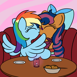 Size: 2000x2000 | Tagged: safe, artist:dafiltafish, imported from derpibooru, rainbow dash, oc, oc:solar comet, earth pony, pegasus, pony, bread, disguised changedling, earth pony oc, female, femboy, food, high res, kissing, lesbian, male, shipping, trap, wings