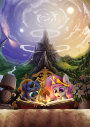 Size: 1169x1653 | Tagged: safe, artist:calena, imported from derpibooru, princess celestia, princess luna, alicorn, pony, fanfic:into the light, adorkable, bedroom, book, cewestia, cloud, cover, cover art, crown, cute, dork, duo, fanfic, fanfic art, female, filly, filly celestia, filly luna, flower, gold, jewelry, lighthouse, magic, moon, mountain, pink-mane celestia, regalia, river, royal sisters, scenery, scenery porn, siblings, sisters, sun, woona, younger