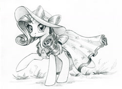 Size: 1200x879 | Tagged: safe, artist:maytee, imported from derpibooru, rarity, pony, unicorn, bow, clothes, dress, female, gameloft, grayscale, hat, looking at you, mare, monochrome, outdoors, raised hoof, raised leg, smiling, solo, standing, sun hat, three quarter view, traditional art