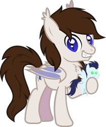 Size: 1288x1536 | Tagged: safe, artist:lightningbolt, derpibooru exclusive, imported from derpibooru, soarin', oc, oc only, oc:aero soarer, bat pony, pony, derpibooru community collaboration, 2022 community collab, bat wings, chest fluff, ear fluff, fangs, folded wings, grin, hoof hold, looking at you, male, plushie, raised hoof, show accurate, simple background, slit pupils, smiling, solo, stallion, standing, transparent background, vector, wings