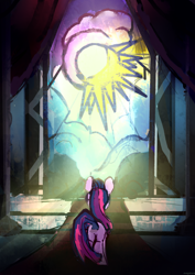 Size: 1240x1754 | Tagged: safe, artist:megalura, imported from derpibooru, twilight sparkle, pony, unicorn, butt, facing away, female, mare, plot, solo, stained glass, stained glass window, unicorn twilight