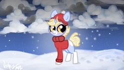Size: 1920x1080 | Tagged: safe, artist:nootaz, imported from derpibooru, oc, oc only, oc:nootaz, pony, unicorn, clothes, coat markings, female, hat, mare, snow, snowfall, solo, sweater, winter