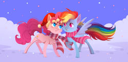 Size: 4344x2097 | Tagged: safe, artist:1an1, imported from derpibooru, pinkie pie, rainbow dash, earth pony, pegasus, pony, blushing, christmas, clothes, cute, duo, female, hat, holiday, lesbian, pinkiedash, santa hat, scarf, shipping, snow, snowfall, striped scarf, winter