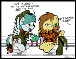 Size: 1024x797 | Tagged: safe, artist:bobthedalek, imported from derpibooru, oc, oc only, oc:bubble pump, oc:clippy ticket, earth pony, pegasus, pony, bag, cap, clothes, duo, ear piercing, earring, hat, hearth's warming, jacket, jewelry, mug, piercing, present, sweater, ugly public transport seating pattern, unamused, wrapping paper