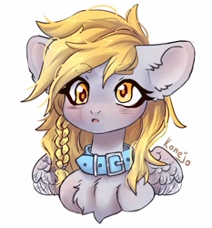 Size: 2015x2160 | Tagged: safe, artist:konejo, imported from derpibooru, derpy hooves, pegasus, pony, blushing, braid, chest fluff, collar, cute, derpabetes, high res, solo, spread wings, wings