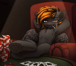 Size: 3040x2625 | Tagged: safe, artist:konejo, imported from derpibooru, oc, oc only, oc:mayday, pegasus, pony, armpits, card game, chest fluff, cigarette, high res, hooves on the table, playing card, poker, poker card, royal flush, smoking, solo