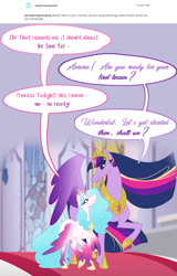 Size: 1000x1559 | Tagged: safe, artist:wolfyfree, imported from derpibooru, twilight sparkle, oc, oc:aurora borealis, alicorn, pony, the last problem, alicorn oc, ask, dialogue, female, hoof shoes, horn, indoors, jewelry, mare, older, older twilight, princess twilight 2.0, tiara, twilight sparkle (alicorn), wings