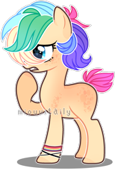 Size: 1394x2018 | Tagged: safe, artist:enifersuch, imported from derpibooru, oc, oc only, earth pony, pony, base used, bracelet, earth pony oc, eyelashes, jewelry, multicolored hair, rainbow hair, raised hoof, simple background, solo, transparent background