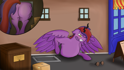 Size: 3840x2160 | Tagged: safe, artist:firestarter, imported from derpibooru, oc, oc only, alicorn, pony, alicorn oc, bakery, basement, butt, buttstuck, colored hooves, colored wings, crate, fat, floppy ears, gritted teeth, high res, horn, male, one eye closed, plot, solo, stuck, through wall, too fat to fit, too fat to get through, wings