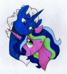 Size: 1070x1169 | Tagged: safe, artist:ask-y, imported from derpibooru, oc, oc only, pony, unicorn, duo, female, horn, male, mare, nuzzling, oc x oc, shipping, smiling, stallion, traditional art, unicorn oc