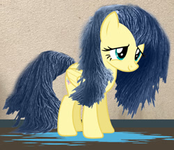 Size: 1271x1099 | Tagged: safe, edit, edited screencap, imported from twibooru, screencap, fluttershy, pegasus, pony, aqua eyes, blue mane, fluttermop, image, meme, needs more jpeg, puddle, simple background, smiling, solo