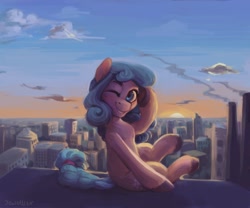 Size: 1280x1066 | Tagged: safe, artist:jewellier, imported from derpibooru, oc, oc only, earth pony, pony, city, cityscape, cloud, signature, skyline, solo