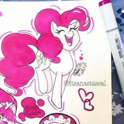 Size: 1080x1080 | Tagged: safe, artist:antych, imported from twibooru, pinkie pie, earth pony, eyes closed, heart, image, jumping, marker drawing, monochrome, needs more jpeg, open smile, traditional art