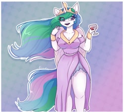 Size: 1024x924 | Tagged: safe, artist:alixxie04, imported from derpibooru, princess celestia, alicorn, anthro, alcohol, breasts, cleavage, clothes, dress, female, open mouth, open smile, smiling, solo, wine