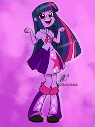 Size: 957x1280 | Tagged: safe, artist:antych, imported from twibooru, twilight sparkle, equestria girls, abstract background, boots, bow, clothes, female, image, open smile, png, shoes, skirt, solo