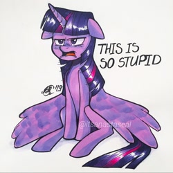 Size: 750x750 | Tagged: safe, artist:antych, imported from twibooru, twilight sparkle, alicorn, female, image, marker drawing, needs more jpeg, open mouth, simple background, sitting, solo, traditional art, upset, watermark, white background, wings, wings down