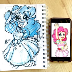 Size: 1080x1080 | Tagged: safe, artist:antych, imported from twibooru, pinkie pie, equestria girls, alternate clothes, clothes, comparison, female, image, jewelry, monochrome, necklace, needs more jpeg, open smile, sketch, socks, solo, traditional art, waving