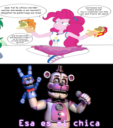 Size: 1920x2160 | Tagged: safe, artist:crock2121, imported from derpibooru, adagio dazzle, pinkie pie, sunset shimmer, equestria girls, equestria girls series, bon bon (fnaf), exploitable meme, five nights at freddy's, funtime freddy, hand puppet, meme, sister location, spanish, that's my pony, that's my x