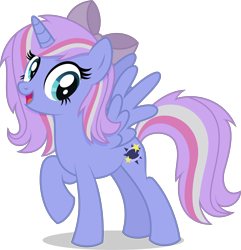 Size: 1926x1999 | Tagged: safe, artist:thatusualguy06, derpibooru exclusive, imported from derpibooru, oc, oc only, oc:star collider, oc:starcollider, alicorn, pony, derpibooru community collaboration, .svg available, 2022 community collab, alicorn oc, bow, eyelashes, female, full body, hair bow, horn, mare, multicolored mane, multicolored tail, open mouth, open smile, raised hoof, shadow, show accurate, simple background, smiling, solo, spread wings, standing, svg, tail, transparent background, vector, wings