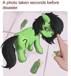 Size: 3775x4000 | Tagged: safe, artist:crade, imported from ponybooru, oc, oc:filly anon, earth pony, pony, angry, beer bottle, female, filly, finger, foal