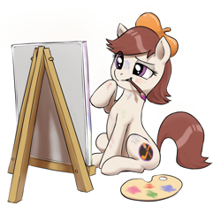 Size: 3600x3600 | Tagged: safe, artist:crade, imported from ponybooru, oc, oc:ausdruck, earth pony, pony, artist, brush, easel, female, mare, mouth hold, paint on fur, palette, raised hoof, sitting, solo