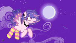 Size: 1280x720 | Tagged: safe, artist:edgeoffear, artist:princessmoonsilver, imported from derpibooru, oc, oc only, oc:twilight star, pegasus, pony, base used, clothes, collar, flying, male, moon, night, socks, solo, spread wings, striped socks, wings