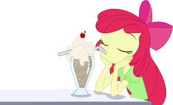 Size: 11358x6915 | Tagged: safe, artist:marcorulezzz, imported from derpibooru, apple bloom, equestria girls, absurd resolution, cherry, drinking, drinking straw, eyes closed, female, food, glass cup, hands on cheeks, milkshake, simple background, solo, transparent background, vector