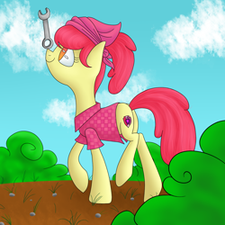 Size: 1500x1500 | Tagged: safe, artist:yourfavoritelove, imported from derpibooru, apple bloom, earth pony, pony, balancing, bandana, butt, clothes, female, mare, older, older apple bloom, plot, ponies balancing stuff on their nose, shirt, smiling, solo, wrench
