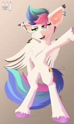 Size: 2700x4500 | Tagged: safe, artist:pedalspony, imported from derpibooru, oc, oc only, oc:pedals, pegasus, pony, belly, belly button, bipedal, ear piercing, female, leaning, open mouth, piercing, slim, solo, teeth, thin, trans female, transgender, unshorn fetlocks, wings