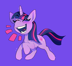 Size: 1295x1180 | Tagged: safe, artist:battery-clippings, imported from derpibooru, twilight sparkle, pony, unicorn, cute, eyes closed, open mouth, purple background, simple background, smiling, solo, twiabetes, unicorn twilight