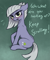 Size: 2500x3000 | Tagged: safe, artist:t72b, imported from derpibooru, limestone pie, earth pony, pony, blushing, cute, dialogue, embarrassed, female, floppy ears, grumpy, high res, limabetes, limetsun pie, looking at you, mare, sitting, solo, talking to viewer, tsundere