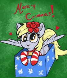 Size: 2080x2410 | Tagged: safe, artist:t72b, imported from derpibooru, derpy hooves, pegasus, pony, :p, bell, bell collar, bow, box, christmas, clothes, collar, cute, derpabetes, hair bow, high res, holiday, misspelling, pony in a box, pun, socks, solo, striped socks, tongue out, weapons-grade cute