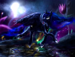Size: 4000x3000 | Tagged: safe, artist:andley, imported from derpibooru, princess luna, alicorn, pony, digital art, digital painting, dream, female, flower, high res, lens flare, mare, moon, night, rain, solo