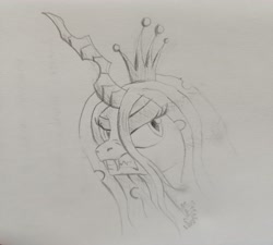 Size: 3472x3120 | Tagged: safe, artist:wolfinka84, imported from derpibooru, queen chrysalis, changeling, changeling queen, angry, bust, crown, female, gritted teeth, high res, jewelry, monochrome, portrait, regalia, scowl, simple background, solo, traditional art