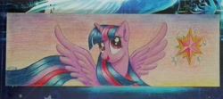 Size: 4160x1848 | Tagged: safe, artist:wolfinka84, imported from derpibooru, twilight sparkle, alicorn, pony, colored pencil drawing, cutie mark, female, hardboard, mare, signature, smiling, solo, spread wings, traditional art, twilight sparkle (alicorn), wings