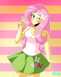 Size: 4000x5000 | Tagged: safe, artist:dollybrownpigtails, imported from derpibooru, fluttershy, equestria girls, abstract background, absurd resolution, beautiful eyes, beautiful hair, blushing, breasts, busty fluttershy, cleavage, clothes, cutie mark, cutie mark on clothes, eyebrows, eyebrows visible through hair, eyeshadow, female, looking at you, makeup, one eye closed, peace sign, signature, skirt, smiling, smiling at you, solo, wink, winking at you