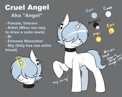 Size: 4000x3160 | Tagged: safe, artist:ccruelangel, imported from derpibooru, oc, oc:cruel angel, pony, unicorn, anorexic, blank flank, blue mane, choker, female, hair over eyes, reference sheet