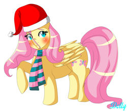 Size: 5700x5000 | Tagged: safe, artist:dollybrownpigtails, imported from derpibooru, fluttershy, pegasus, pony, absurd resolution, blushing, christmas, clothes, cute, eye clipping through hair, eyebrows, eyebrows visible through hair, female, hat, holiday, mare, raised hoof, santa hat, scarf, shyabetes, signature, simple background, smiling, solo, striped scarf, white background