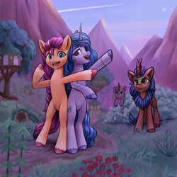 Size: 5500x5500 | Tagged: safe, artist:roadsleadme, imported from derpibooru, izzy moonbow, sunny starscout, earth pony, kirin, pony, unicorn, :o, absurd resolution, bipedal, cute, female, g5, izzybetes, kirin grove, mare, mountain, mountain range, my little pony: a new generation, open mouth, open smile, plane, smiling, sunnybetes, village