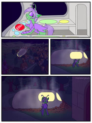 Size: 1024x1366 | Tagged: safe, artist:incendiarymoth, imported from derpibooru, oc, oc:pickles, alien, alien pony, comic, commission, ponyville, space ship