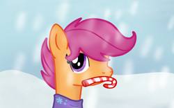 Size: 1920x1200 | Tagged: safe, artist:nitlynjane, imported from derpibooru, scootaloo, pegasus, pony, candy, candy cane, christmas, clothes, cute, cutealoo, food, holiday, scarf, sky, snow, snowfall, snowflake