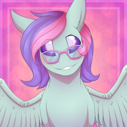 Size: 3800x3800 | Tagged: safe, artist:corwolf, imported from derpibooru, oc, oc only, oc:blissy, pony, artificial wings, augmented, disguise, disguised changeling, glasses, high res, icon, mechanical wing, simple background, solo, wings