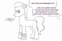 Size: 3048x2048 | Tagged: safe, artist:dancingkinfiend, imported from derpibooru, sprout cloverleaf, earth pony, pony, angry, bandage, bandages on wrist, bully, bullying, conversation, cutting, depression, doodle, eyebrows down, g5, high res, hurting, implied self harm, insult, insulted, lineart, lines, male, my little pony: a new generation, rude, sad, self harm, sketch, solo, stallion, tail, talking, text, wavy hair, wavy mane, wavy tail