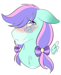 Size: 613x746 | Tagged: safe, artist:corwolf, imported from derpibooru, oc, oc only, oc:blissy, pony, blushing, bust, chest fluff, cute, glasses, pigtails, simple background, solo, transparent background